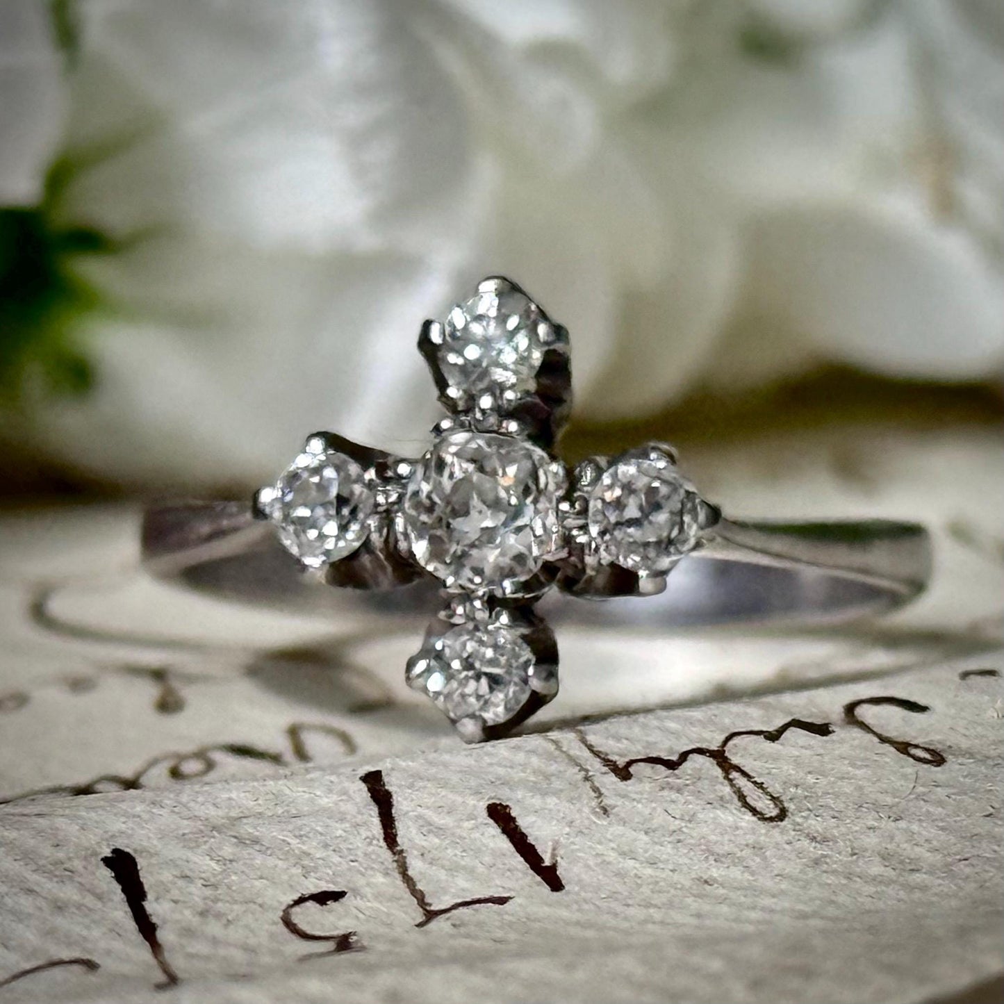Antique Quadrefoil Old Cut Diamond Ring in Platinum; Circa 1900