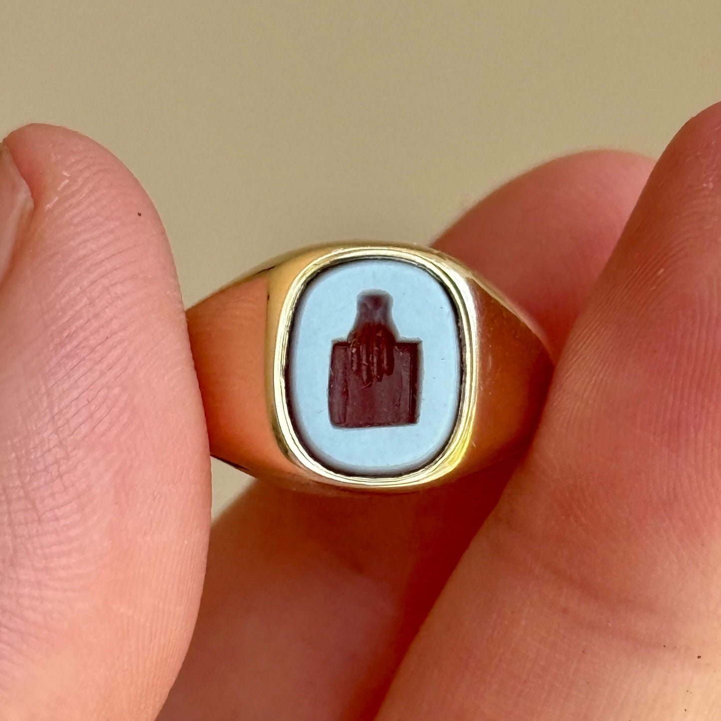 Sardonyx Intaglio Signet Ring in 9 Carat Gold; Circa 1970
