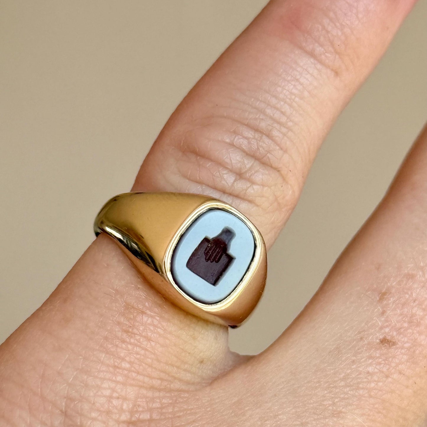 Sardonyx Intaglio Signet Ring in 9 Carat Gold; Circa 1970