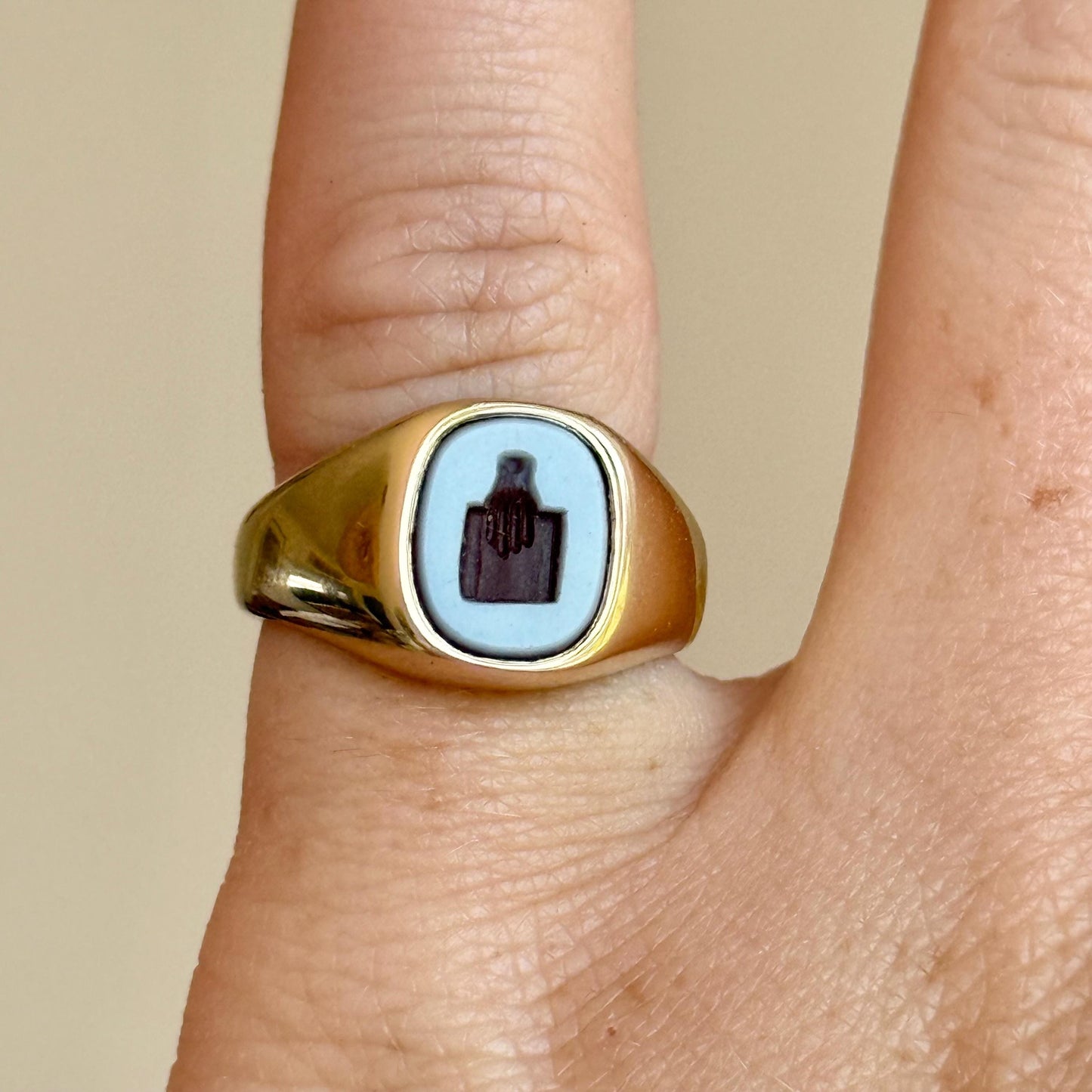 Sardonyx Intaglio Signet Ring in 9 Carat Gold; Circa 1970