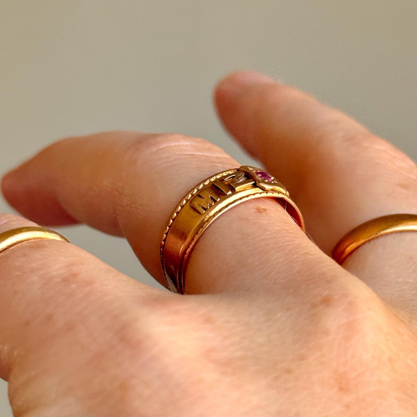Victorian Ruby Mizpah Ring Created In 9 Carat Gold; Circa 1887