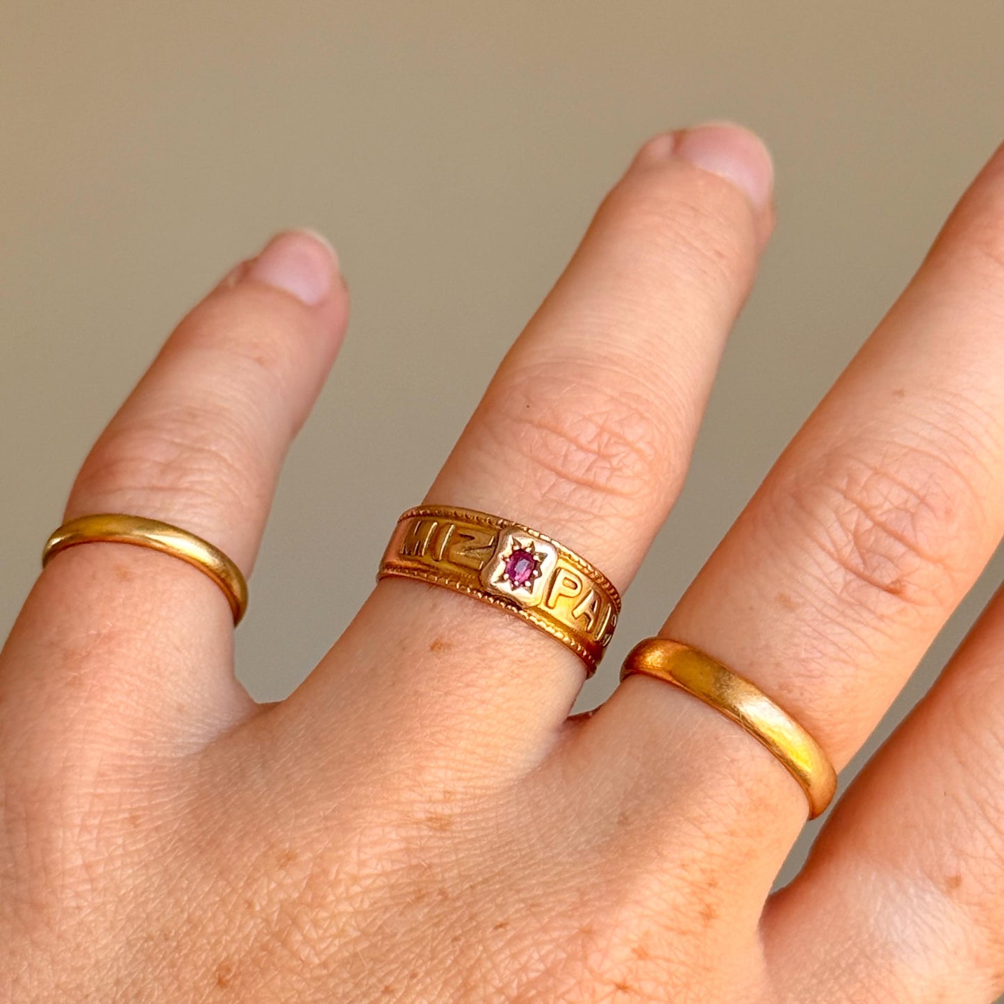 Victorian Ruby Mizpah Ring Created In 9 Carat Gold; Circa 1887
