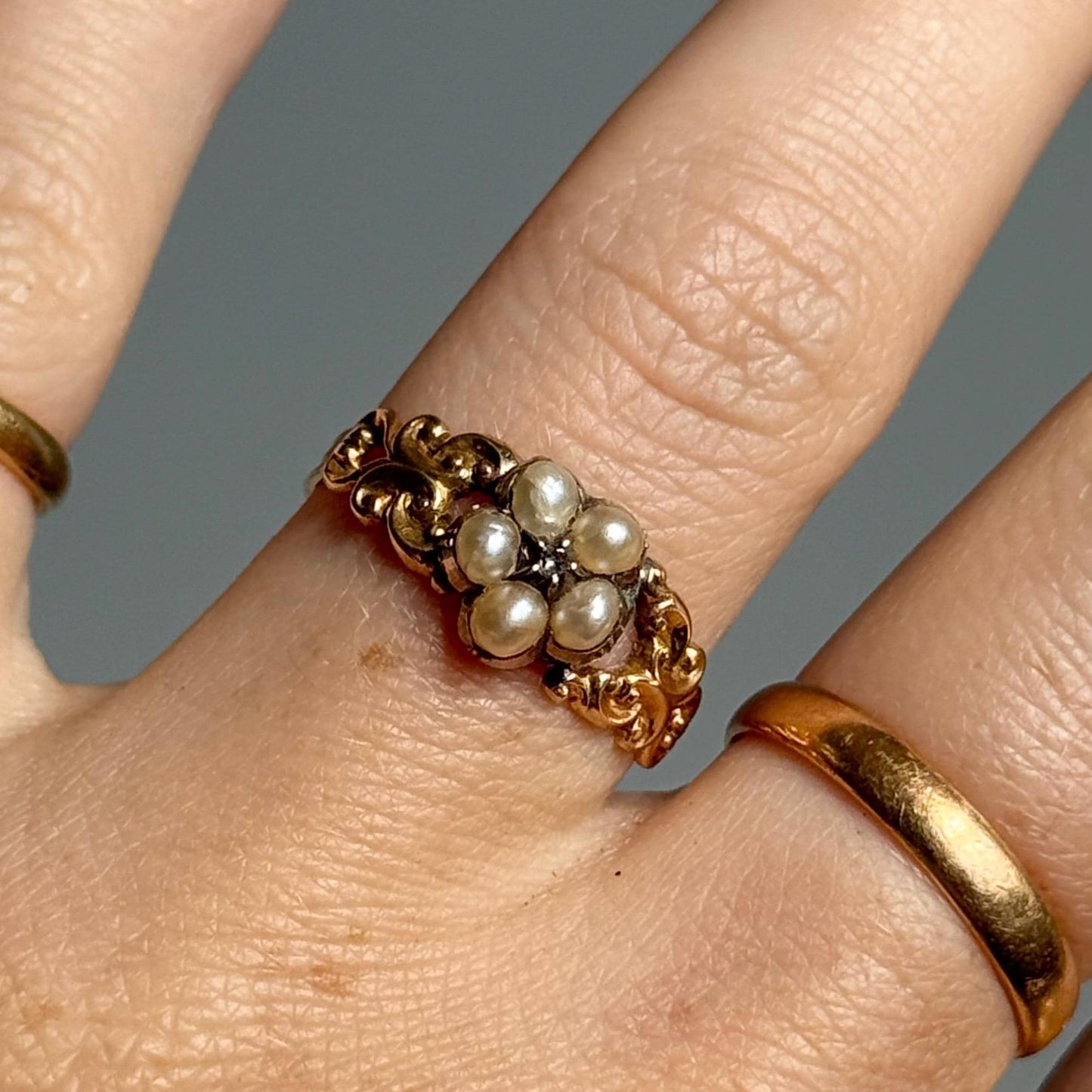 Victorian Pearl & Diamond Cluster Ring in 18 Carat Gold; circa 1850