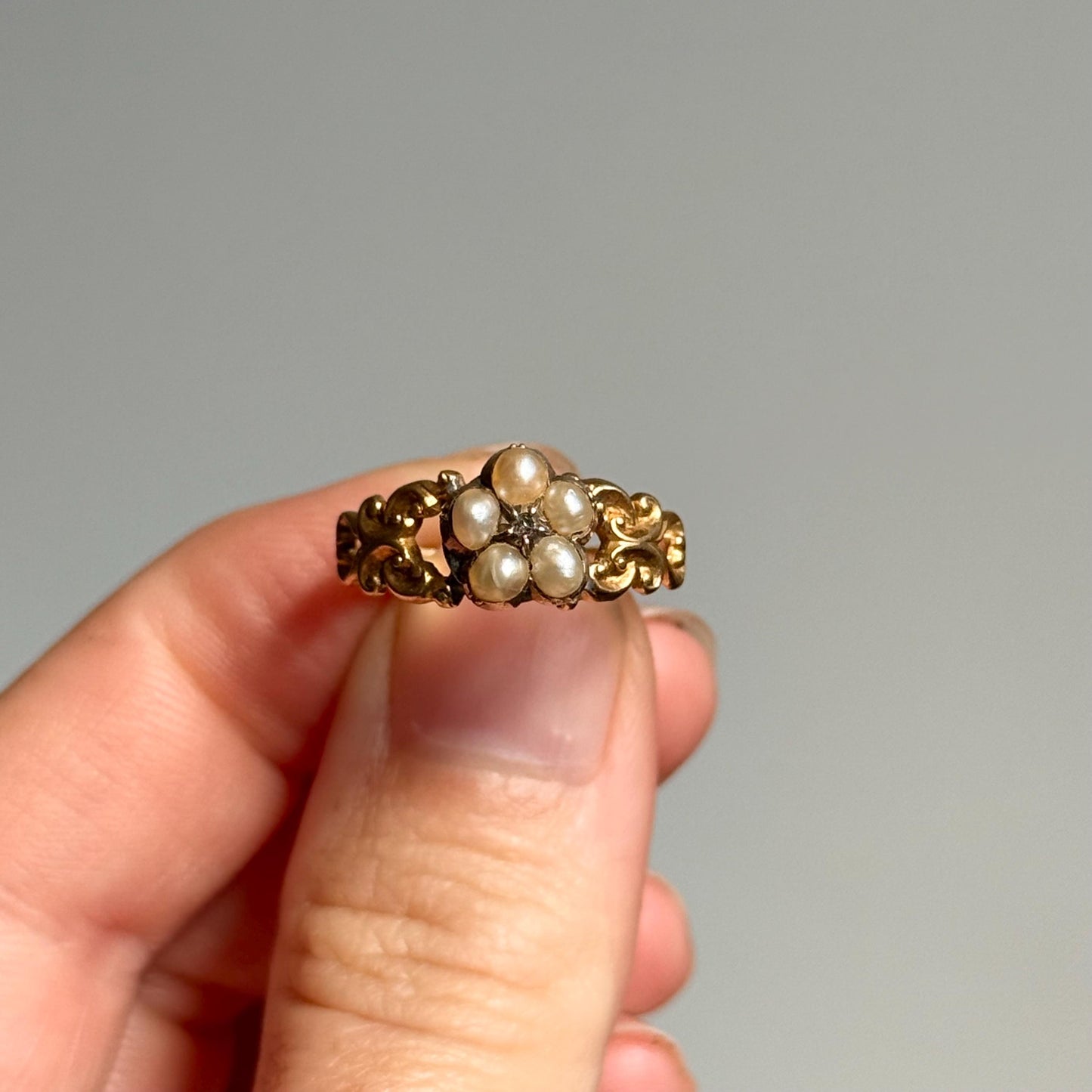 Victorian Pearl & Diamond Cluster Ring in 18 Carat Gold; circa 1850