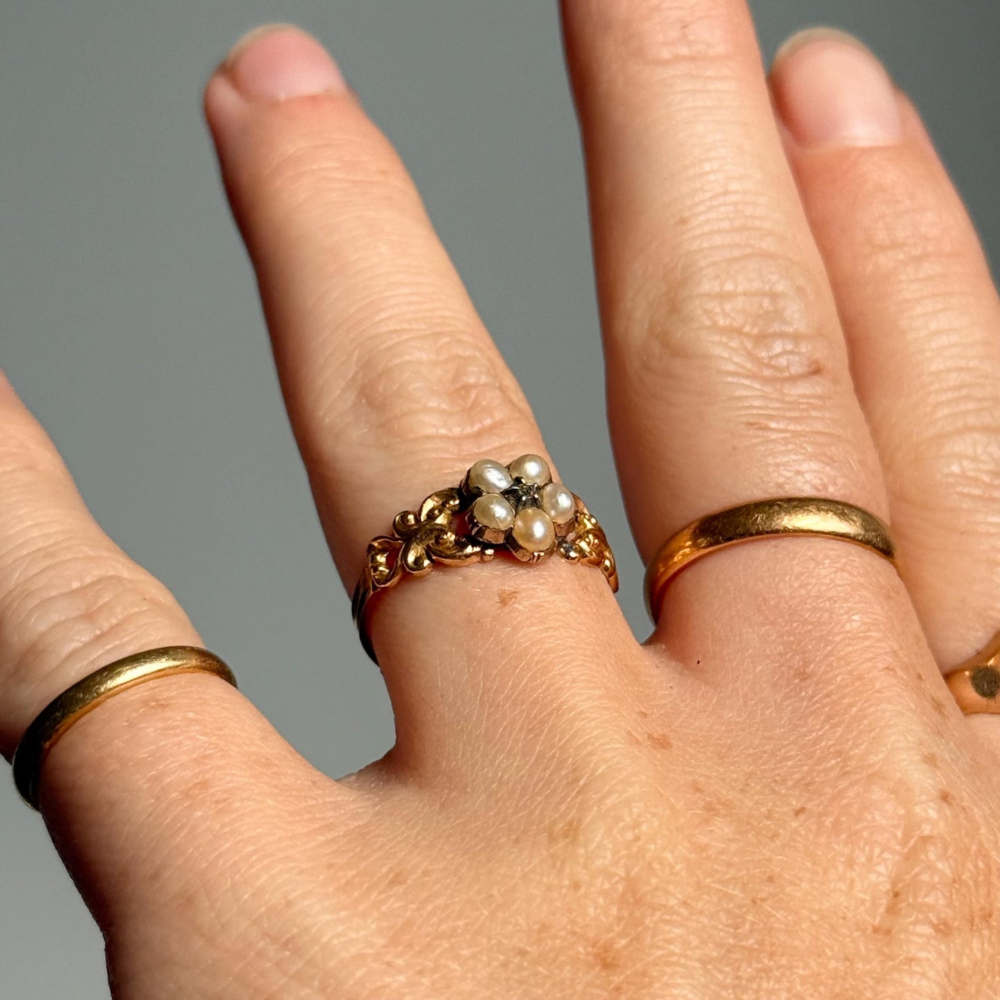 Victorian Pearl & Diamond Cluster Ring in 18 Carat Gold; circa 1850