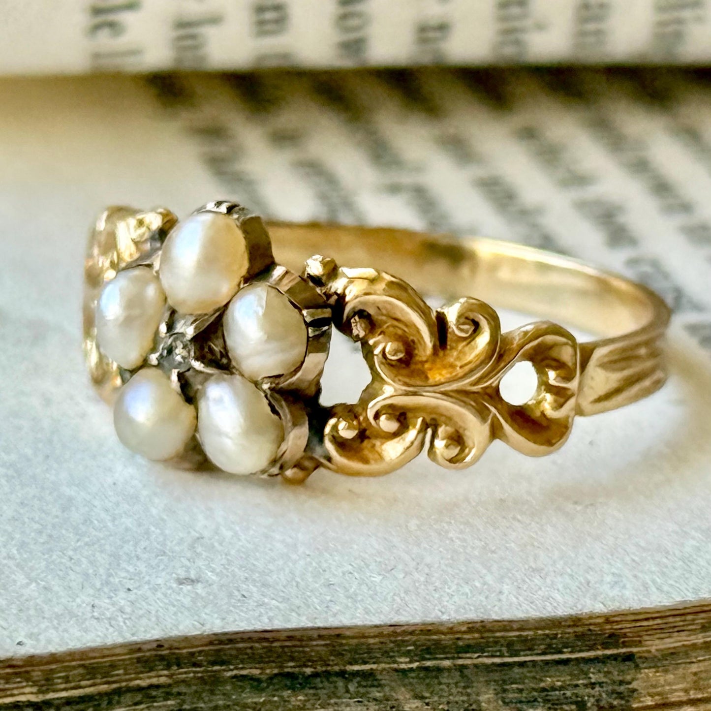 Victorian Pearl & Diamond Cluster Ring in 18 Carat Gold; circa 1850