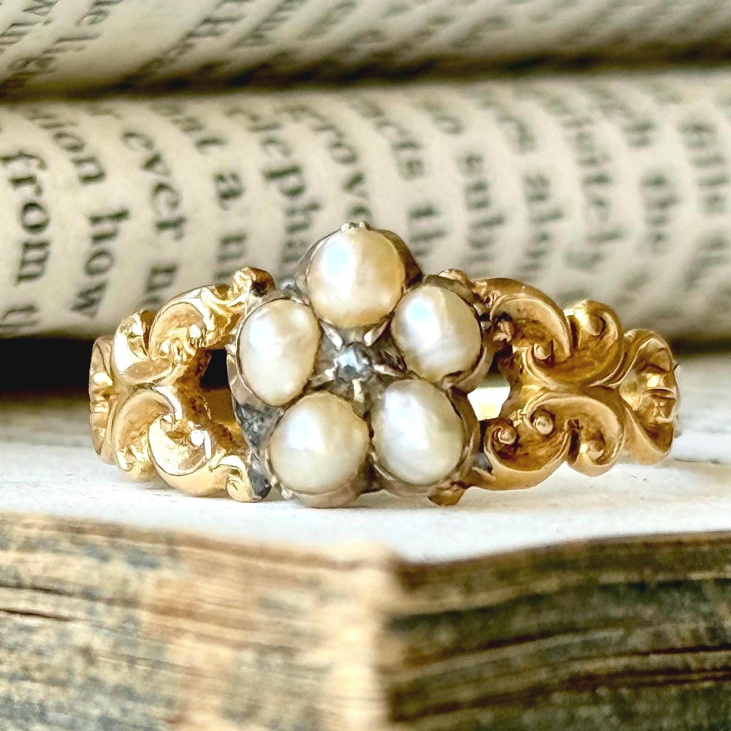 Victorian Pearl & Diamond Cluster Ring in 18 Carat Gold; circa 1850