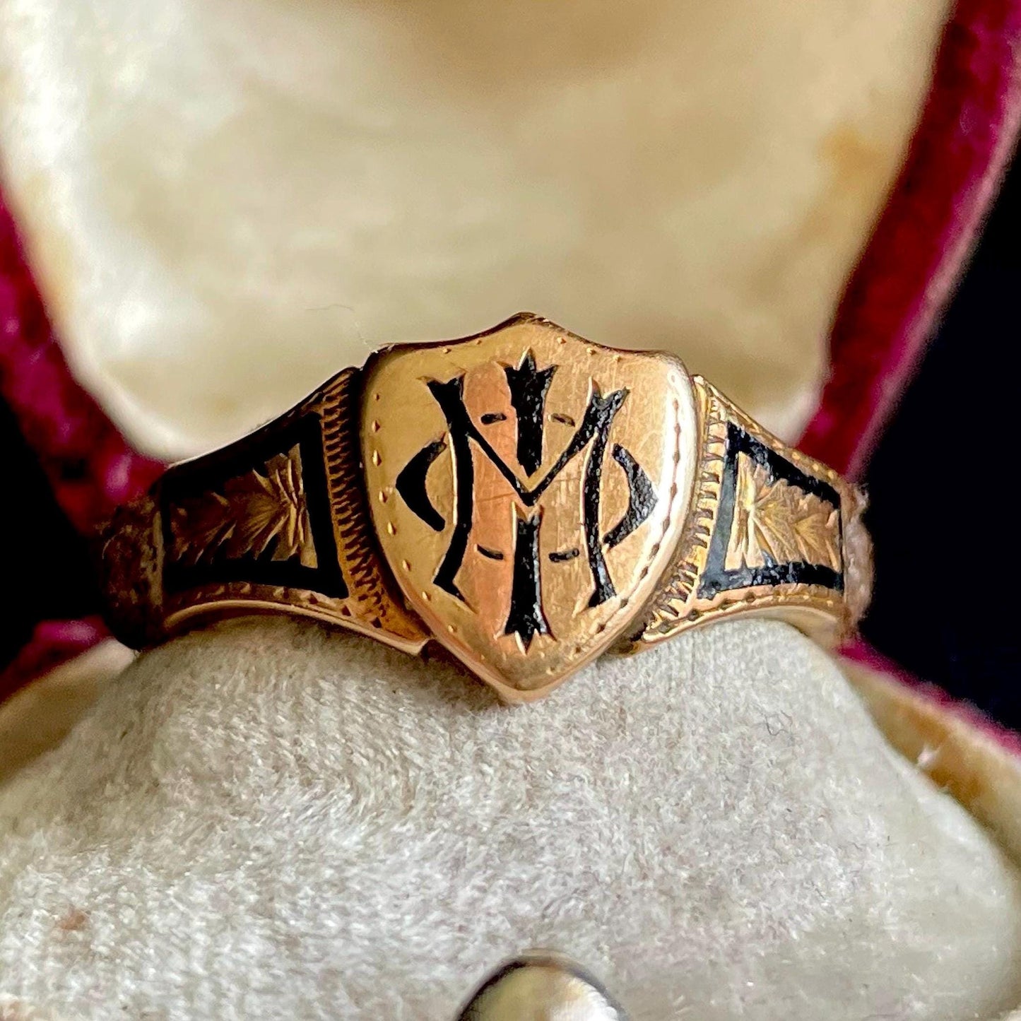 Antique Enamel Mourning Ring in 18 Carat Rose Gold; Circa 1877