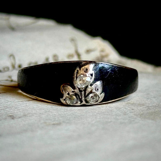 Antique Diamond & Enamel Mourning Ring in 9 Carat Gold; Circa 1875