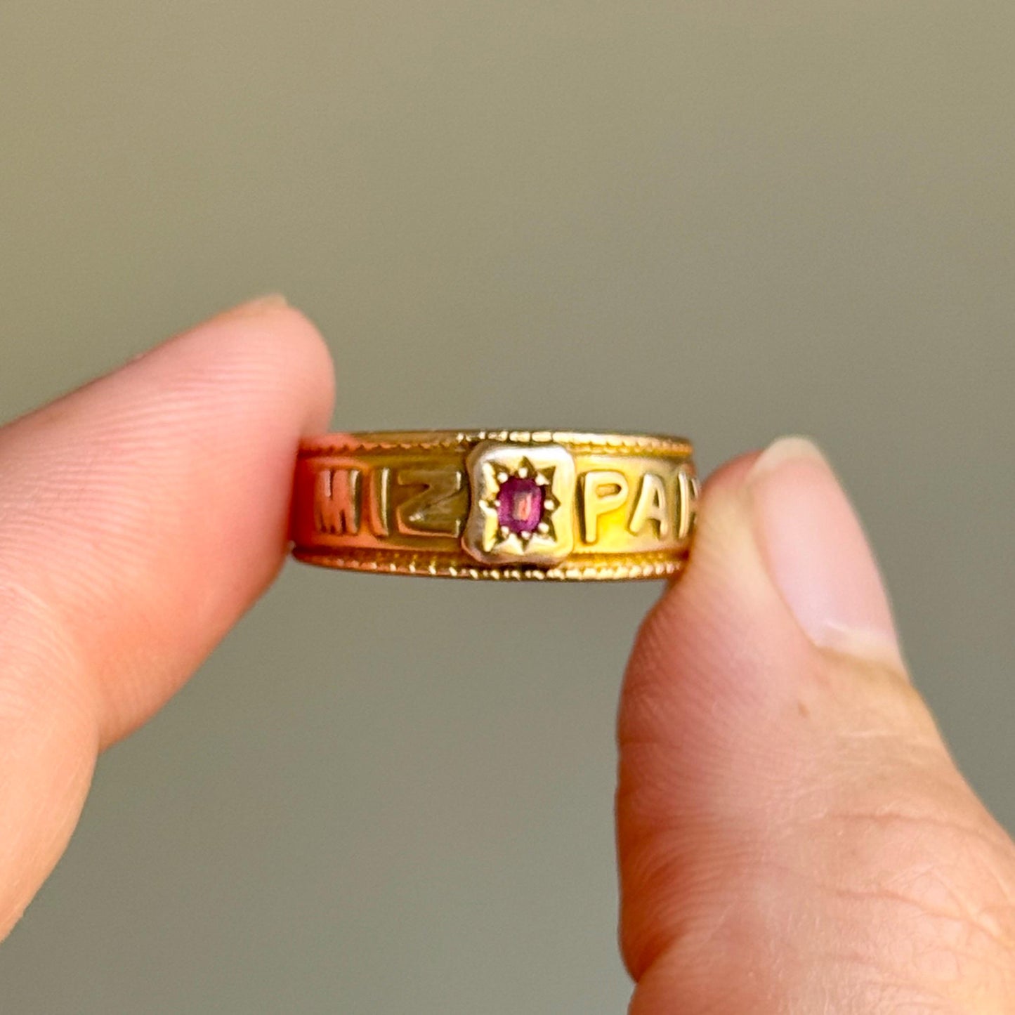 Victorian Ruby Mizpah Ring Created In 9 Carat Gold; Circa 1887