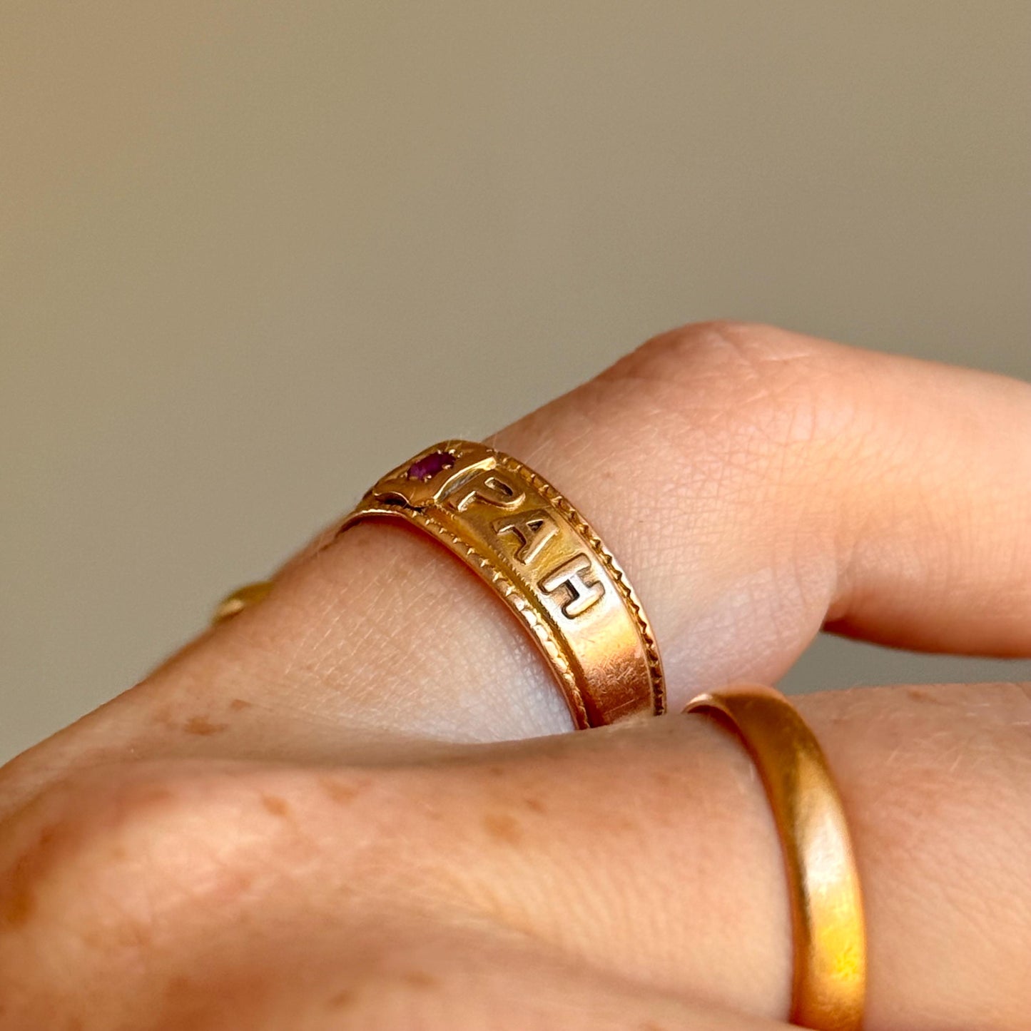 Victorian Ruby Mizpah Ring Created In 9 Carat Gold; Circa 1887