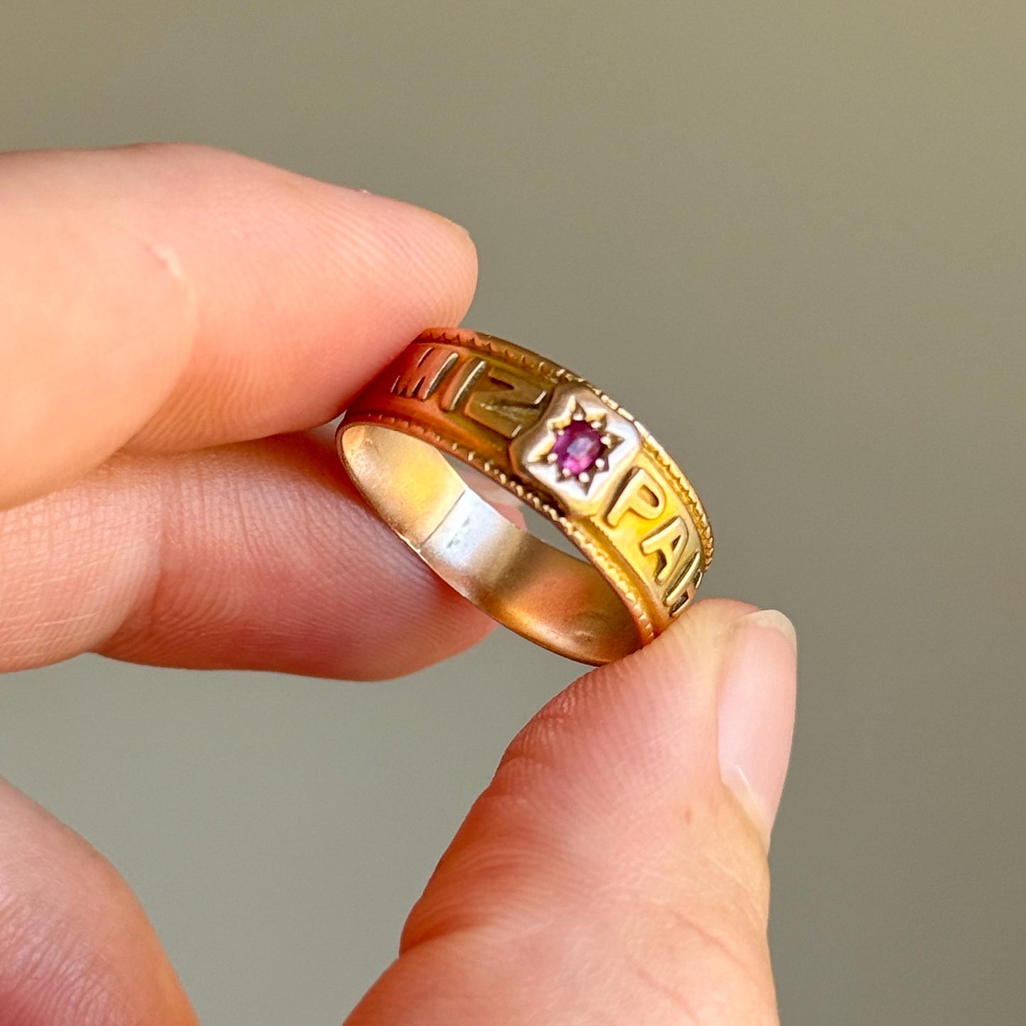 Victorian Ruby Mizpah Ring Created In 9 Carat Gold; Circa 1887