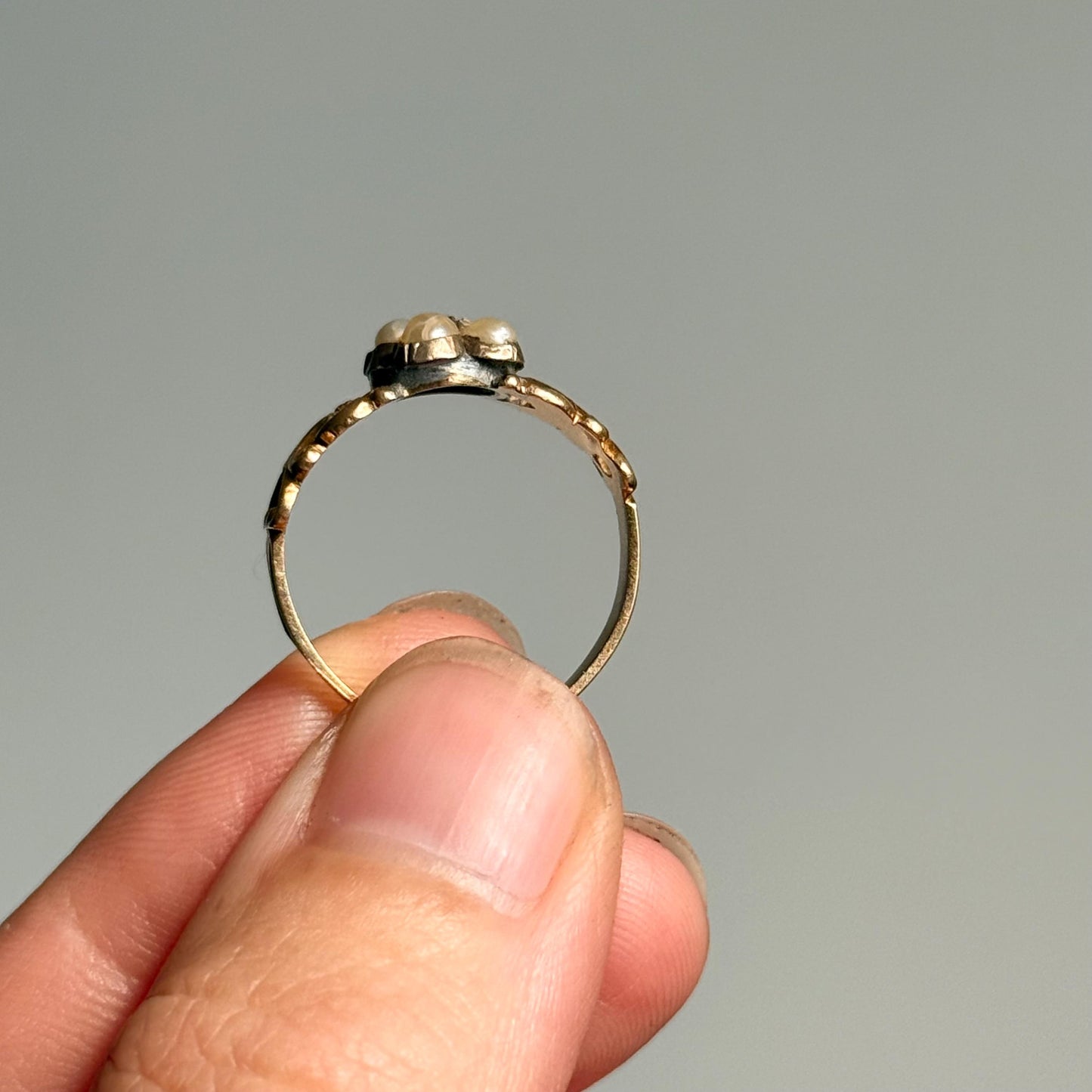 Victorian Pearl & Diamond Cluster Ring in 18 Carat Gold; circa 1850