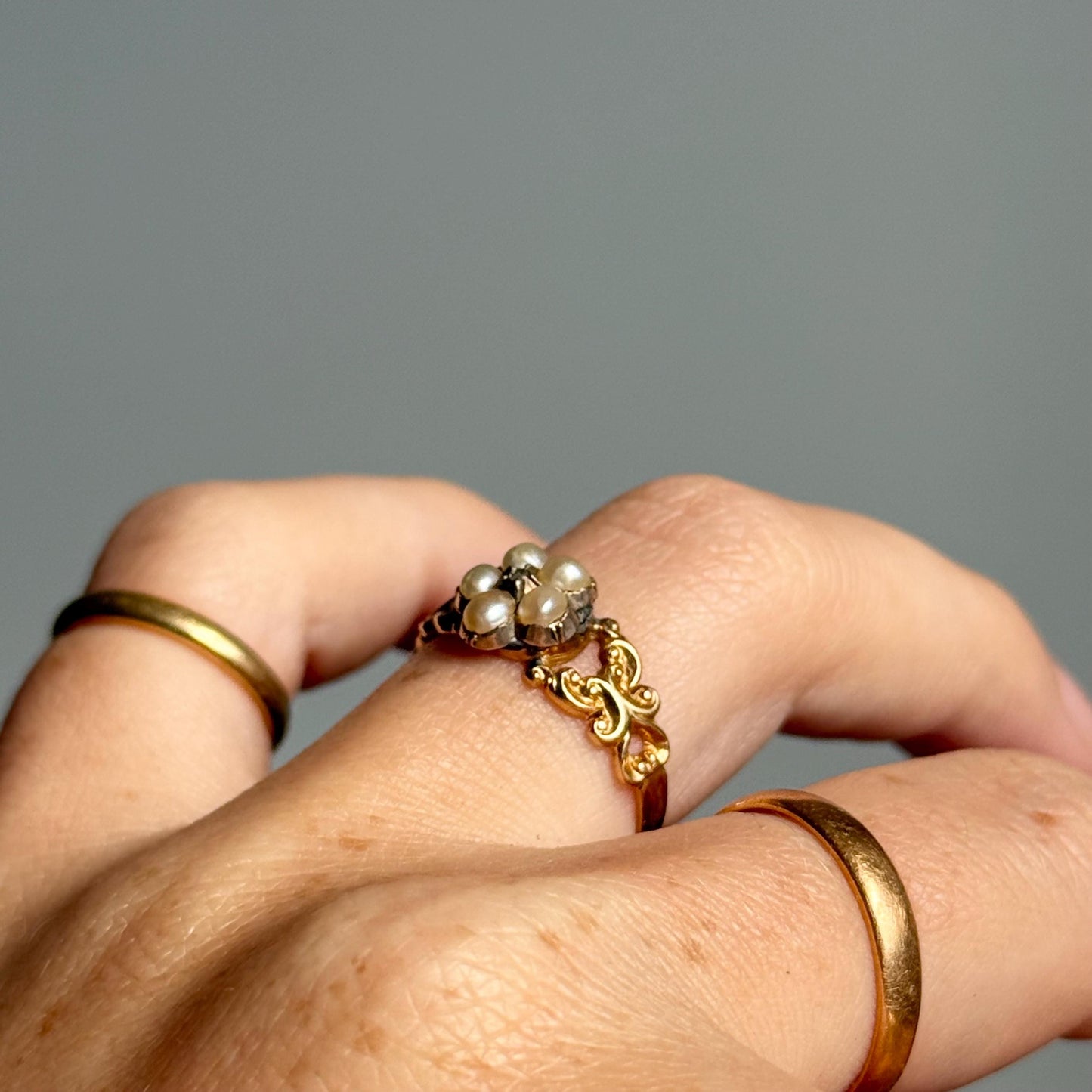 Victorian Pearl & Diamond Cluster Ring in 18 Carat Gold; circa 1850