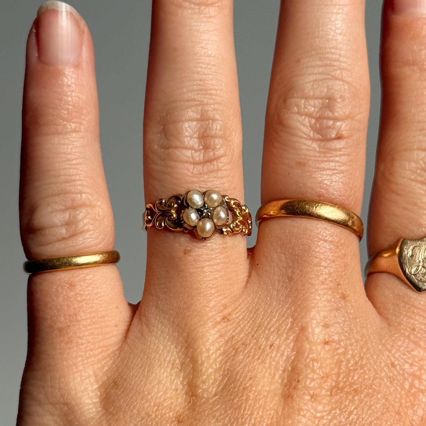 Victorian Pearl & Diamond Cluster Ring in 18 Carat Gold; circa 1850