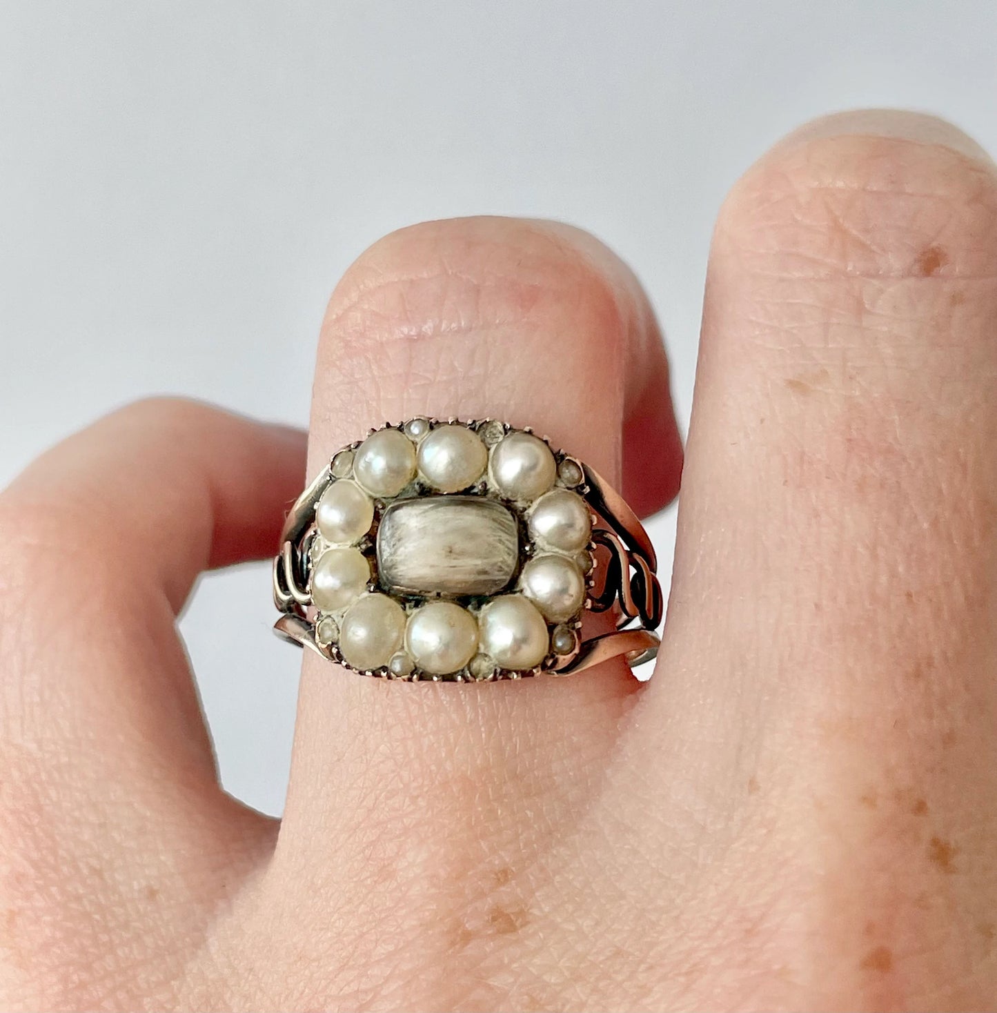 Georgian Pearl Mourning Ring in 9 Carat Gold; Circa 1812