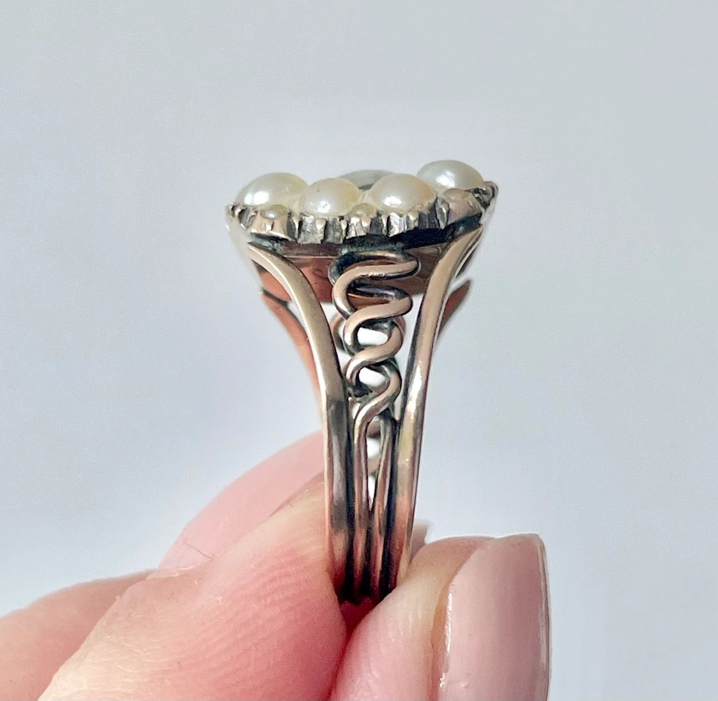 Georgian Pearl Mourning Ring in 9 Carat Gold; Circa 1812