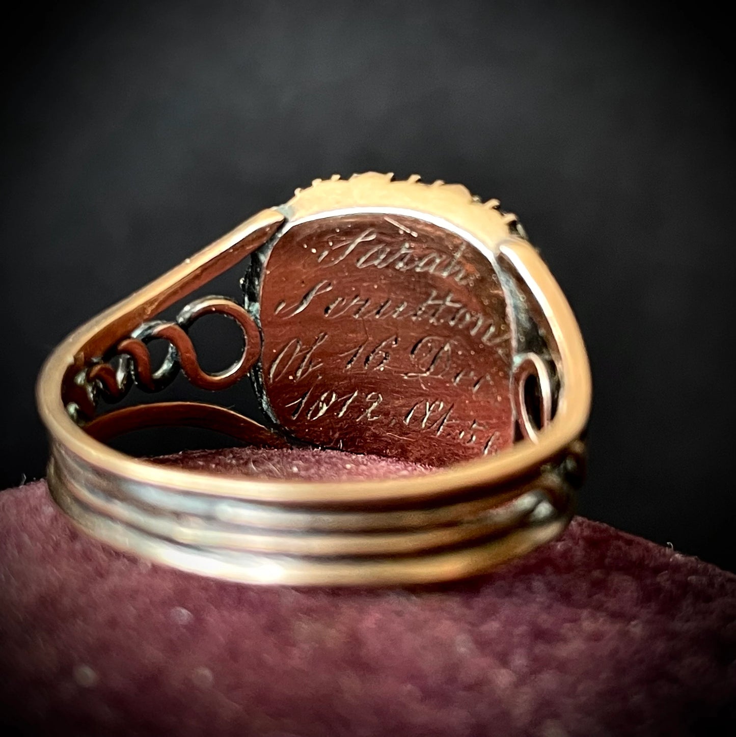 Georgian Pearl Mourning Ring in 9 Carat Gold; Circa 1812