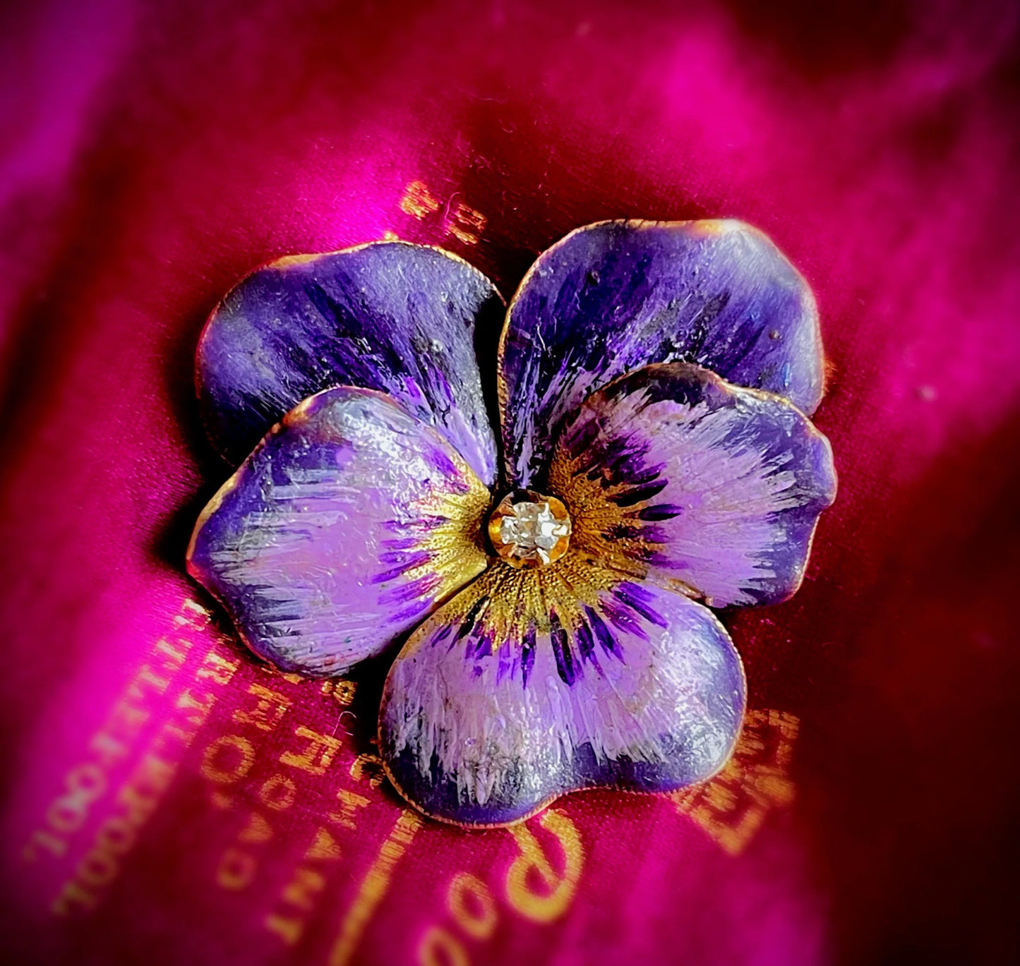 Victorian Enamel Pansy Diamond Pendant in 14 Carat Gold; Circa 1900