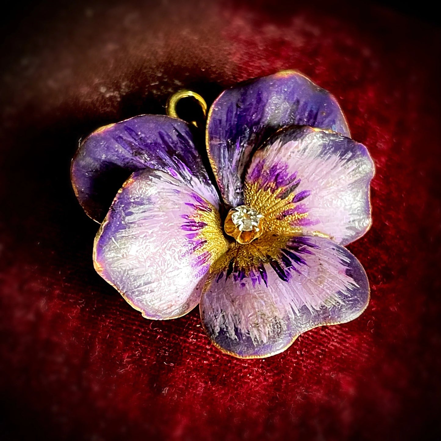 Victorian Enamel Pansy Diamond Pendant in 14 Carat Gold; Circa 1900