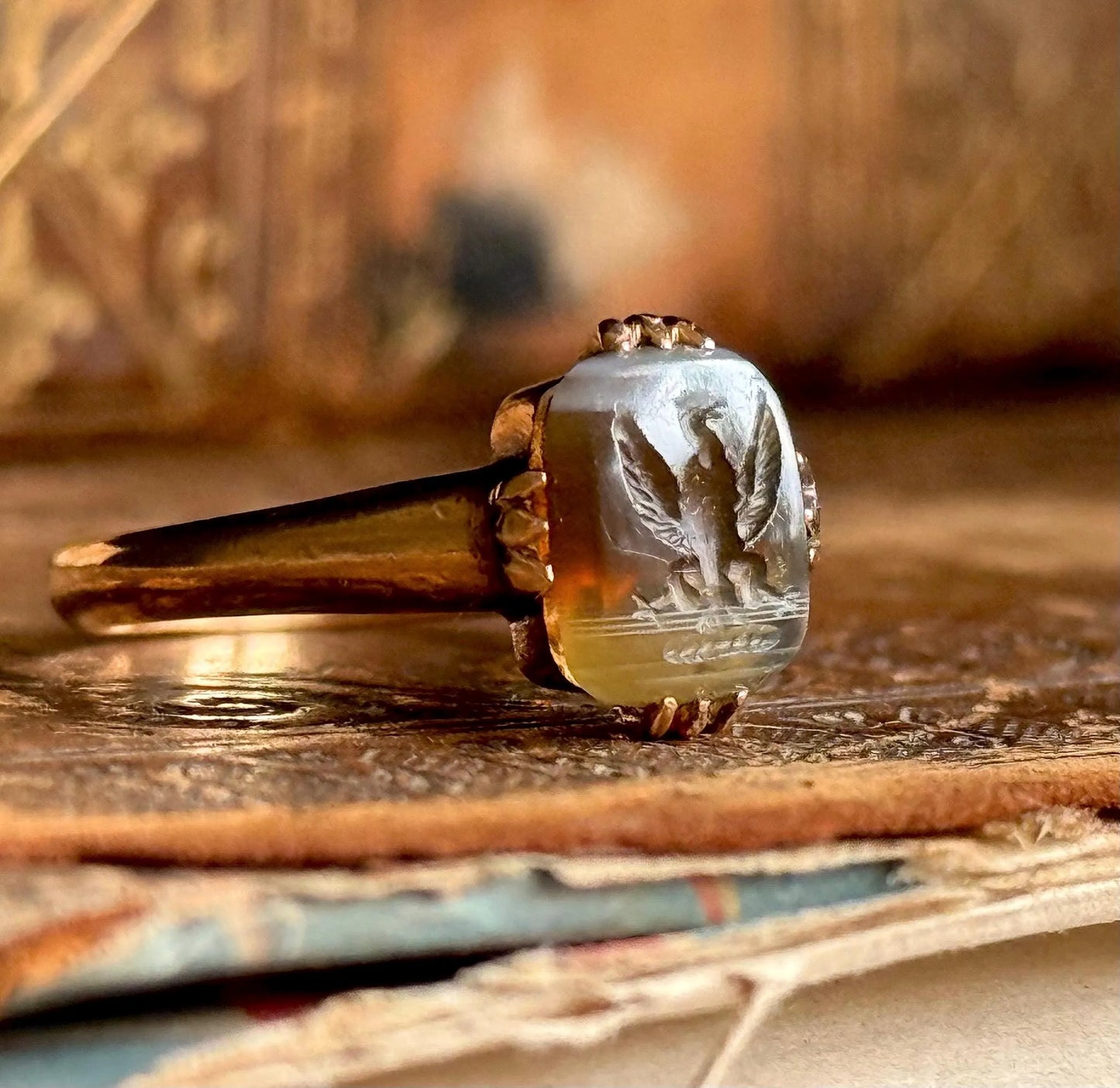 Antique Eagle intaglio Ring in 9 Carat Gold, Circa 1890