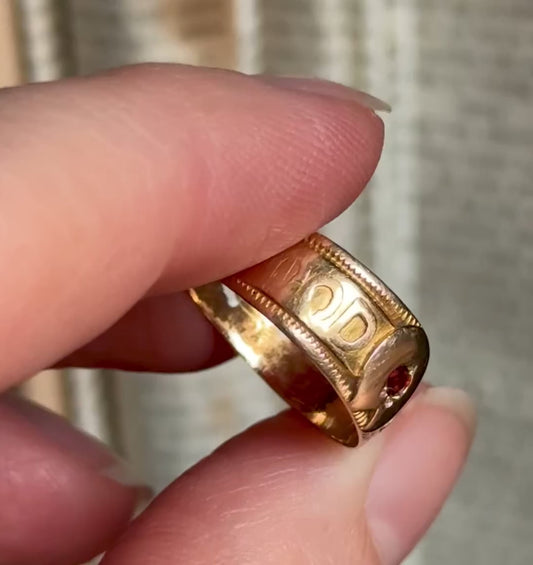 Antique Victorian Good Luck Garnet Ring in 18 Carat Gold; Circa 1855